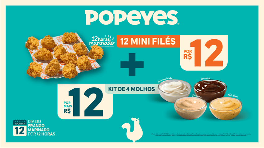 Agora, todo dia 12 é Dia de Popeyes®: o frango frito crocante, sequinho e suculento que você adora!