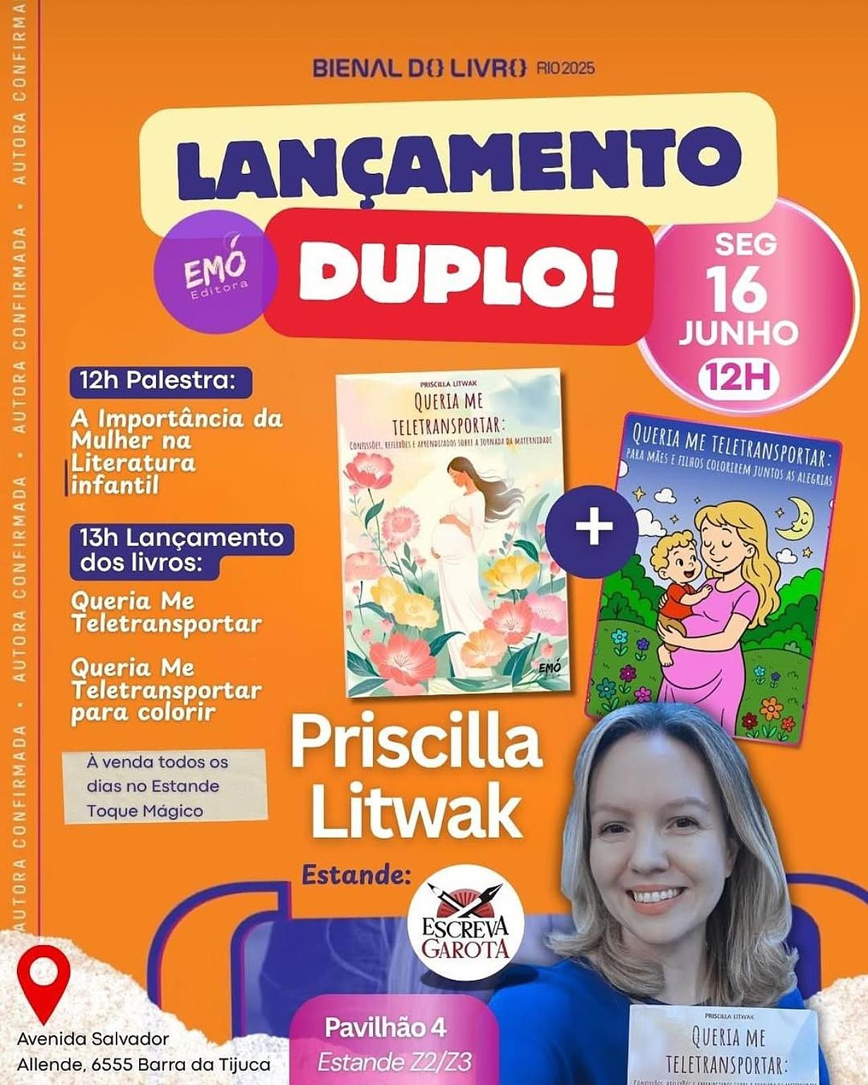 Priscilla Litwak faz lançamento duplo com foco em maternidade, acolhimento e criatividade na Bienal do Livro