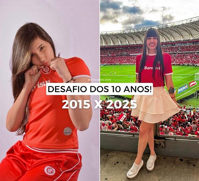 Ale Gaúcha encanta a torcida colorada com transformação de 10 anos vestindo o manto do Internacional