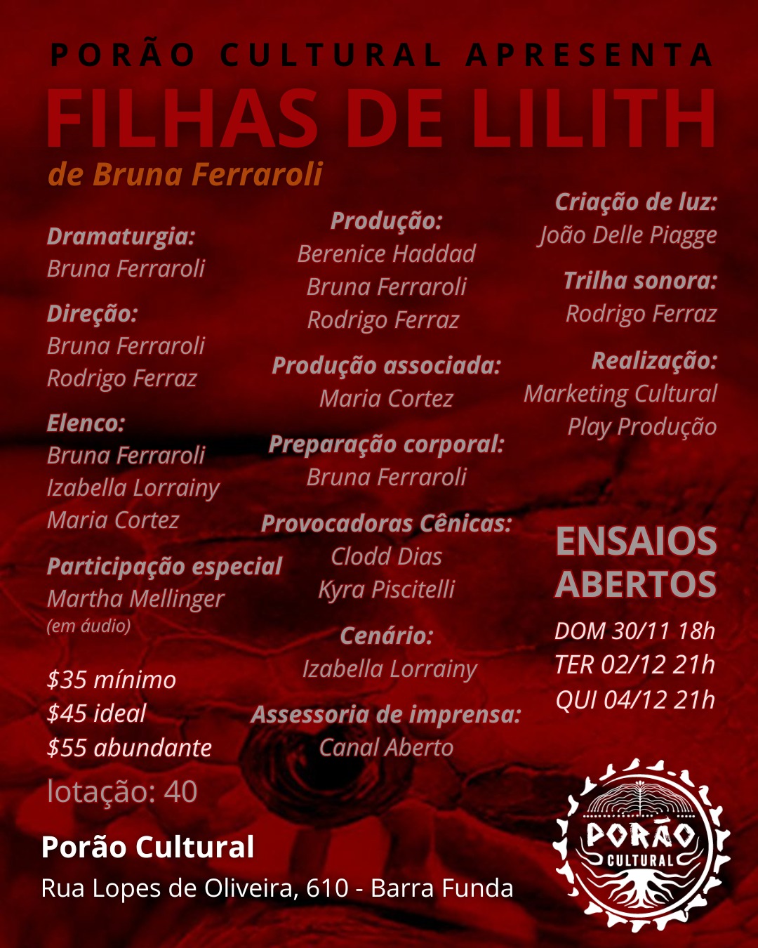 Porão Cultural recebe “O Mal Dito” e ensaios de “Filhas de Lilith” em novembro
