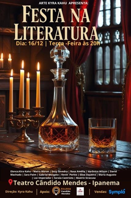 Festa na Literatura no teatro Cândido Mendes, no dia 16 de dezembro de 2025, às 20h, em Ipanema, no Rio de Janeiro