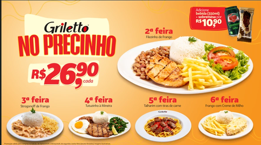 Griletto começa hoje promo de pratos por
R
$23
,
90