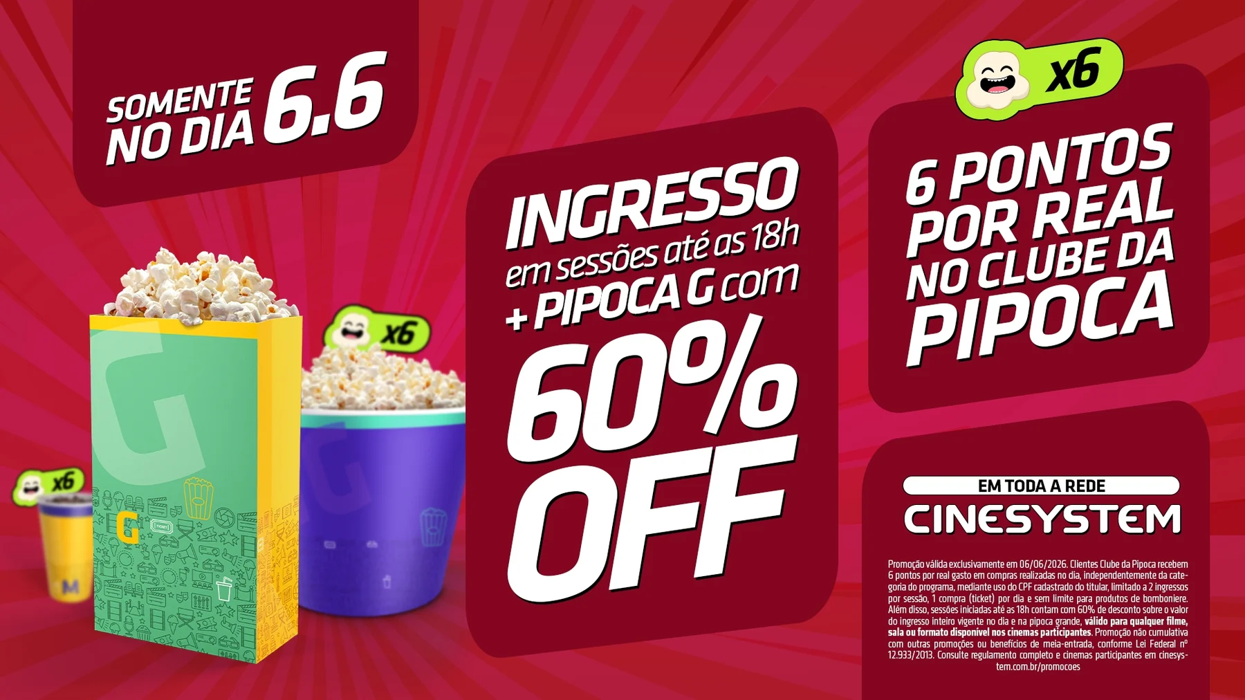 Cinema com 60% off no dia 6/6 até às 18h