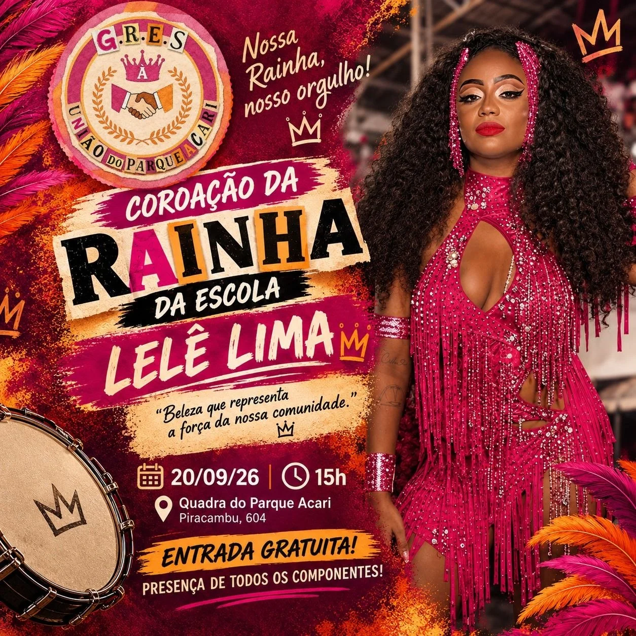 Cria da comunidade, Lelê Lima é coroada rainha da União do Parque Acari
