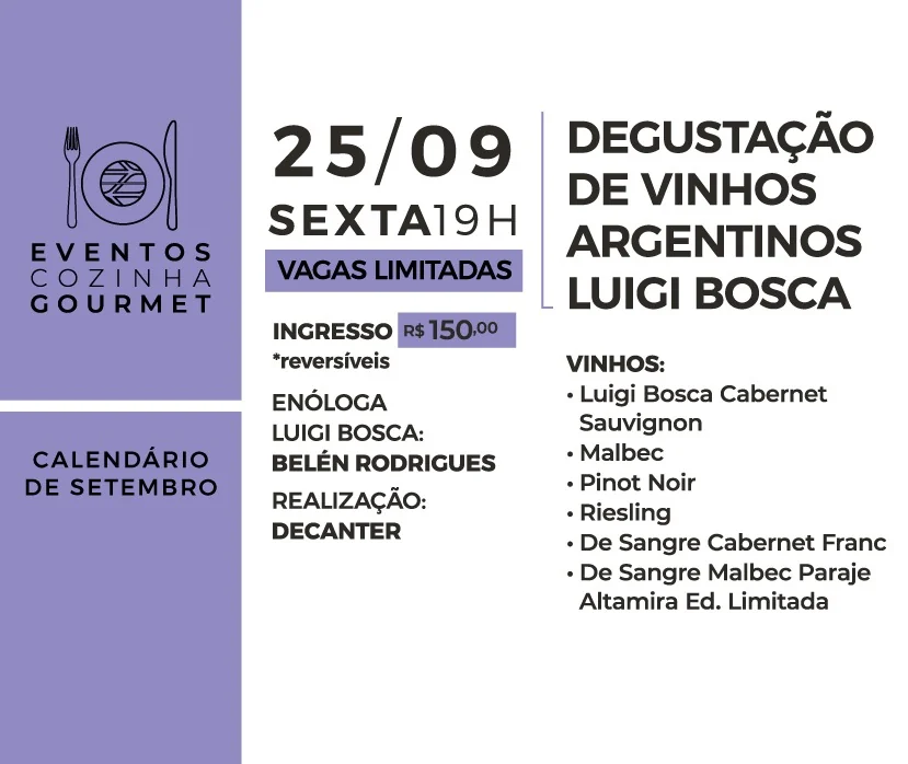 Jantar harmonizado e degustação trazem vinhos da Argentina a Botafogo